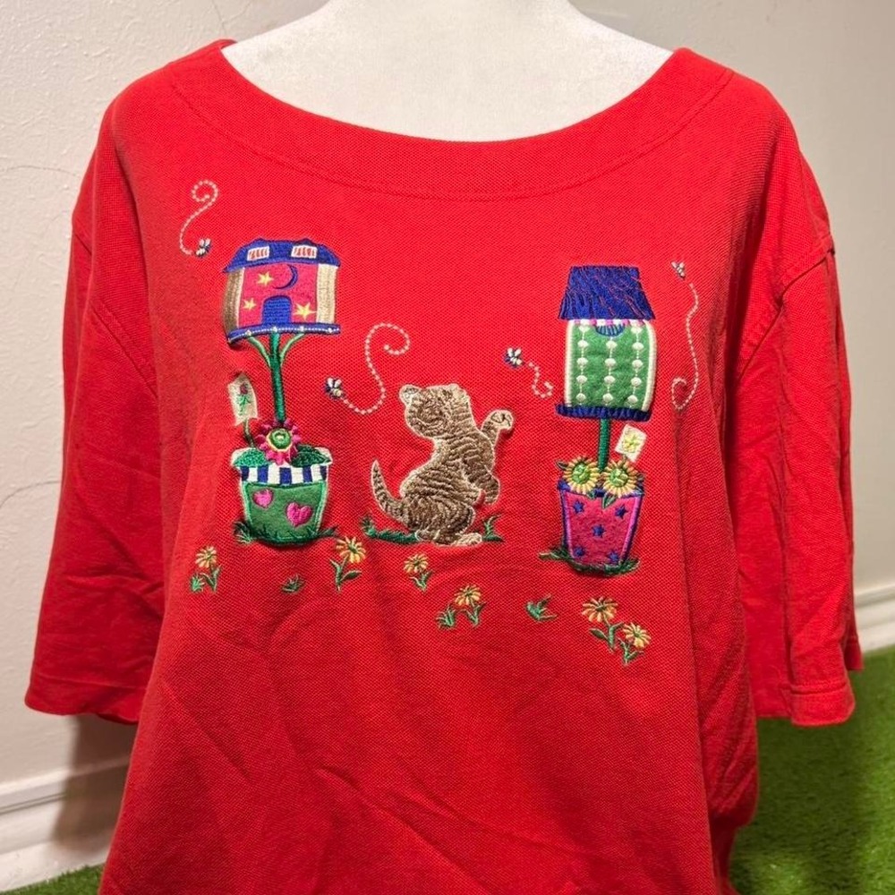 Vtg‎ 90s Cat Kitten Embroidered Red Blouse Plus Size Barn Mountain Animals